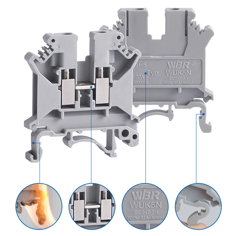 

UK5N DIN Rail Terminal Block Screw Feed-through Universal Plug Connductor Wire Electrical Connector 100PCS