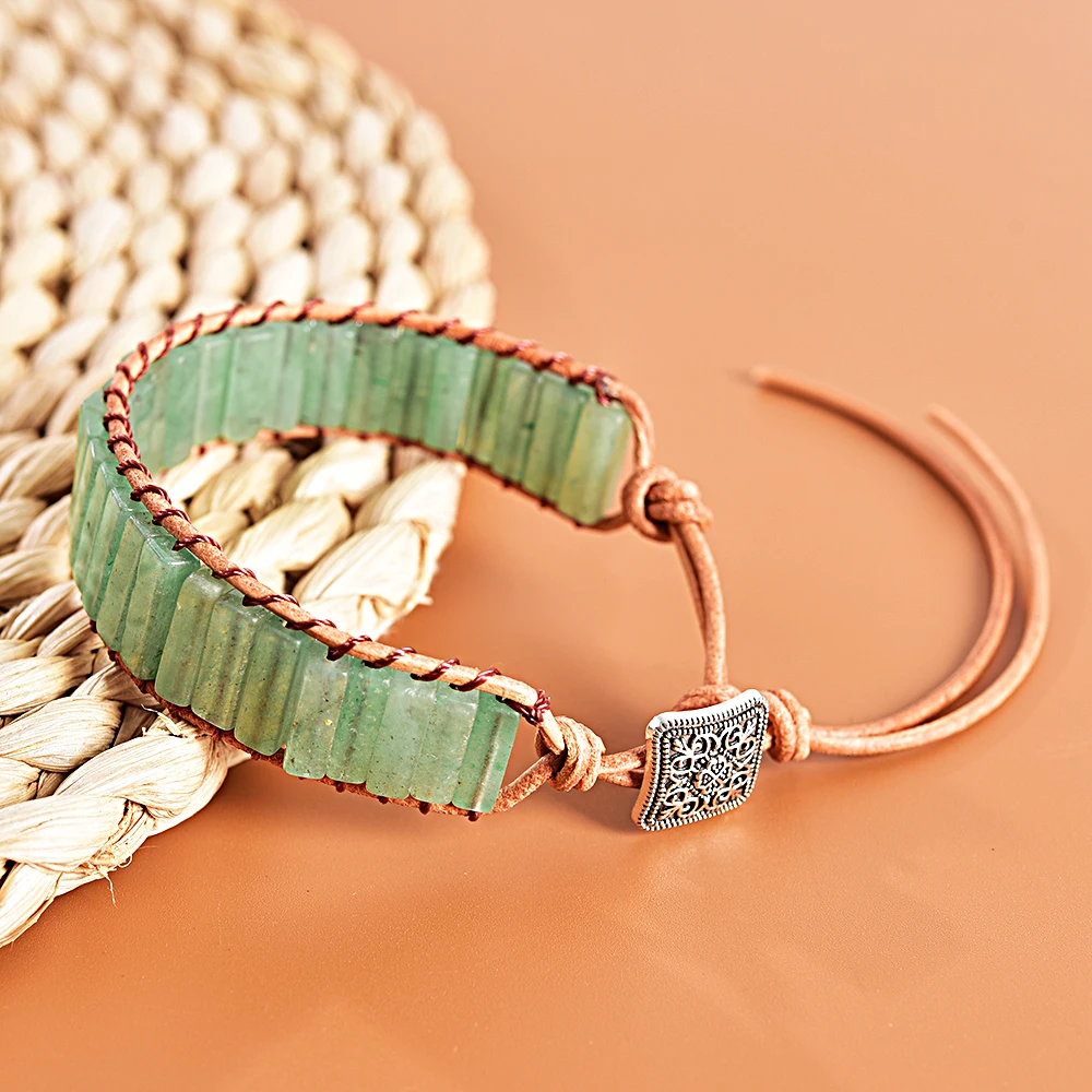 Asingeloo кожаный браслет-шнурок резьба камень зелёный авантюрин бижутерия бисерный браслет богемная трубка винтажный ювелирный браслет браслеты