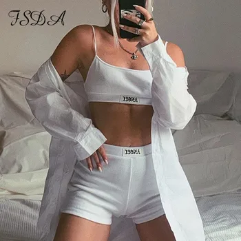 FSDA Summer Ribber Women Set White Spaghetti Strap Crop Top And Mini Biker Shorts Embroidery Two Piece Sets Sexy Outfit Party 1