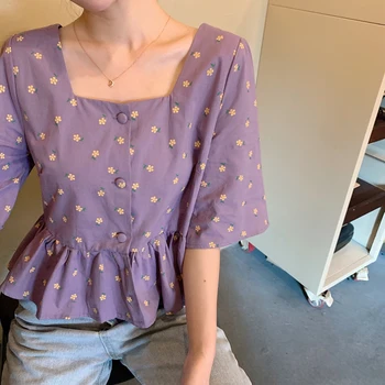 

COIGARSAM 4XL Plus Size Floral Print Shirt Womens tops Summer Loose Square Collar Women shirts White Purple 9045