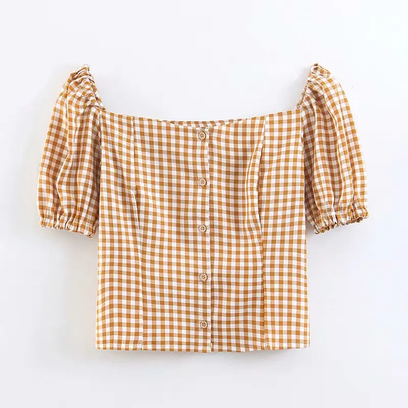 

2019 women vintage square collar plaid print casual slim blouse shirt women retro buttons chic blusas chemise tops LS4014