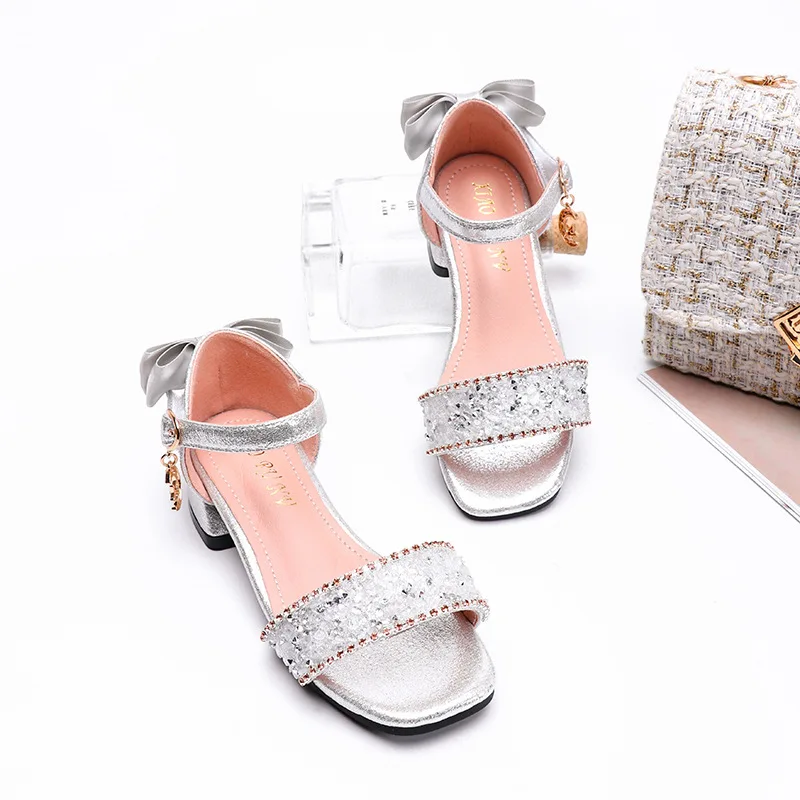 2020 New Fashion Children Bowtie Rhinestone Sequins Sandals Princess Girls Kids Leather Soft Bottom 3 4 5 6 7 8 9 10 11 12 Years