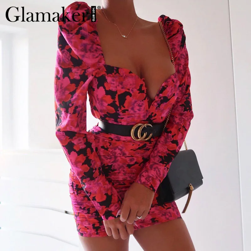 Glamaker элегантное мини-платье с цветочным принтом и длинными пышными рукавами, облегающее весенне-летние вечерние клубные платья, приталенное платье с высокой талией и v-образным вырезом, vestidos