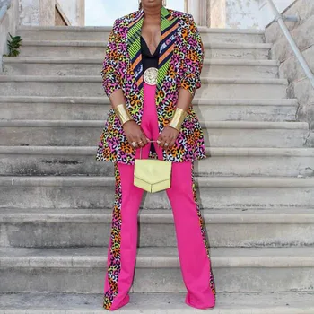 

Plus Size Sexy Leopard Printed Women Office 2 Two Piece Set Top And Pants M-3XL Ladies Casual Blazer Pantsuits Matching Outfits