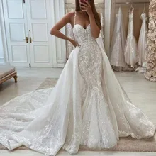

Elegant Mermaid Wedding Dress Appliques Sequined Sweep Train Sweetheart Sleeveless Tulle Long For Women Vestido De Noiva
