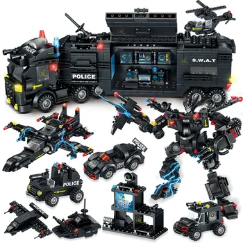 

820PCS SWAT Police Team Building Blocks City Command Truck Car Helicopter Mech Weapon Soldier Model Bricks Children Toys