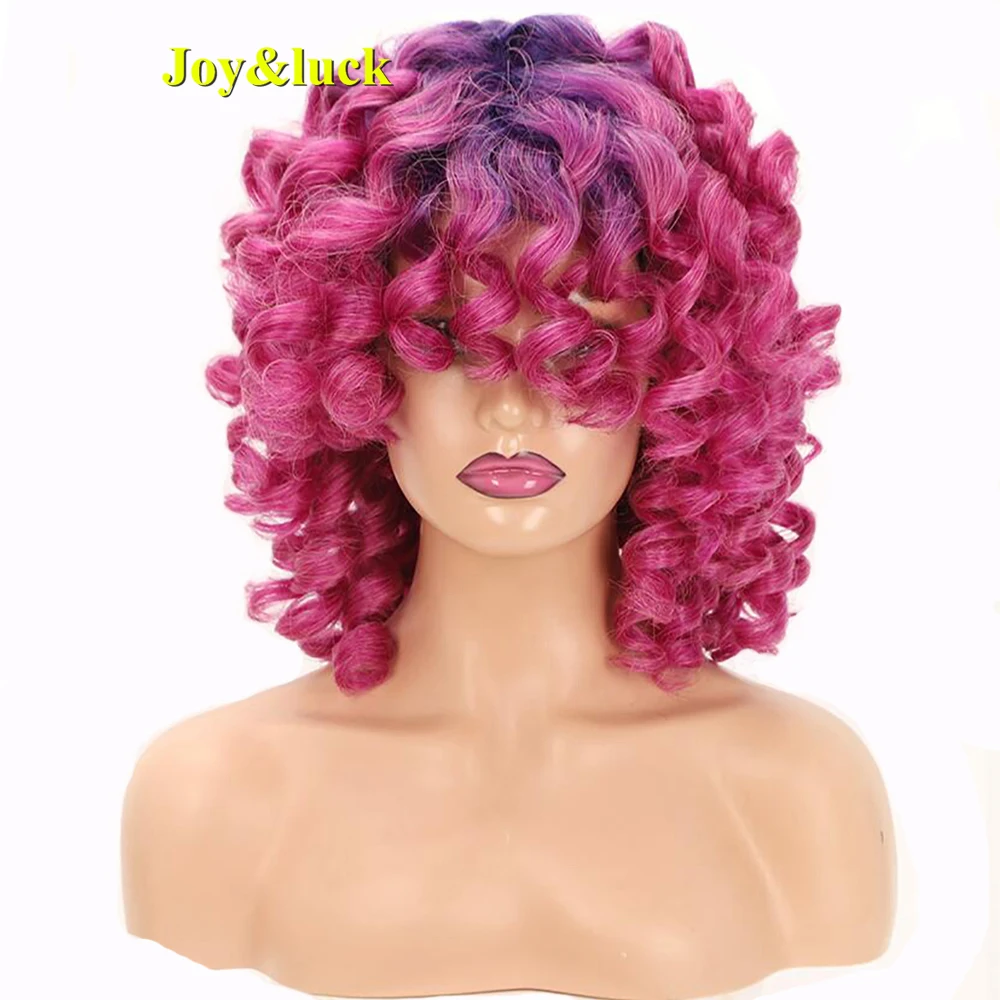 Synthetic Short Blue Purple Bouncing curly With Bangs WigsAfrican Women Use Good Quality High Temperature Fiber Hair