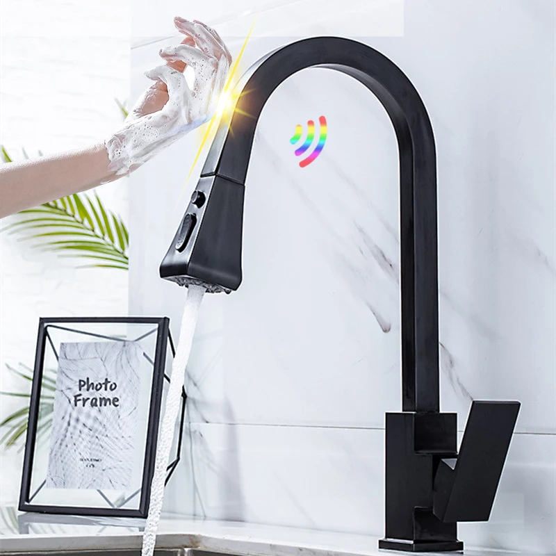 Square Touch Kitchen Faucet Polished Chrome Pull Out Kitchen Mixer Tap Hot Cold Water Tap Sensitive Touch Control Kitchen Faucet