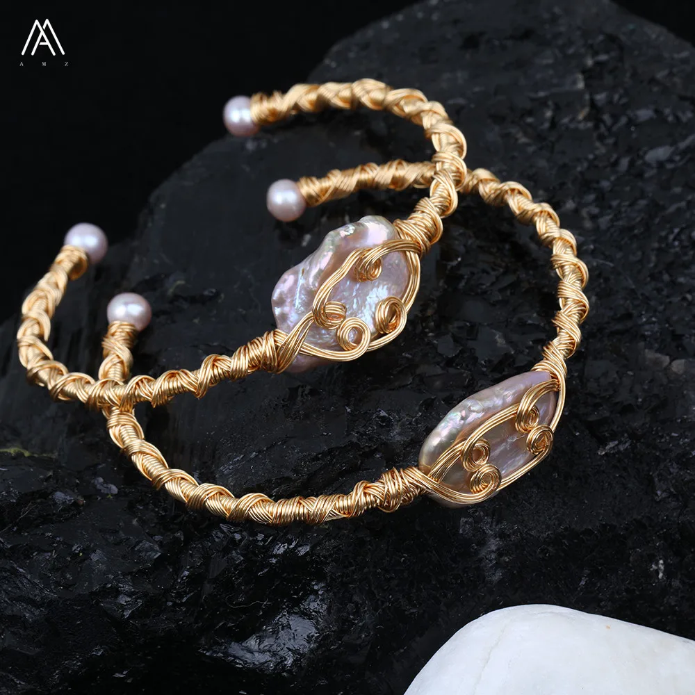 

Trendy Irregular Baroque Freshwater Pearl Bangles,Pearl Wire Wrapped Gold Copper Bangles For Women Jewelry Handmade TSMN-03AMCJ
