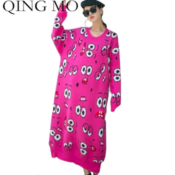 

QING MO Women Sweater Dress 2020 Autumn Cartoons Thicken Knitting Print Mid-length Sweater Round Neck Pullovers Dress LHXX259