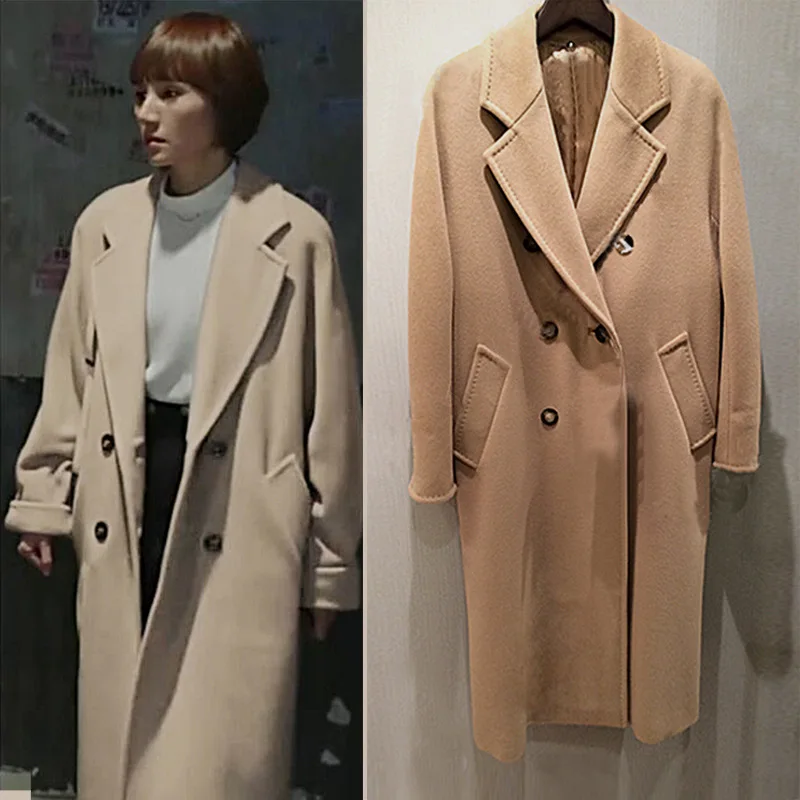 Зимнее двубортное длинное шерстяное пальто большого размера, ручная работа, свободный, в Корейском стиле полосный пояс, белое шерстяное пальто для женщин