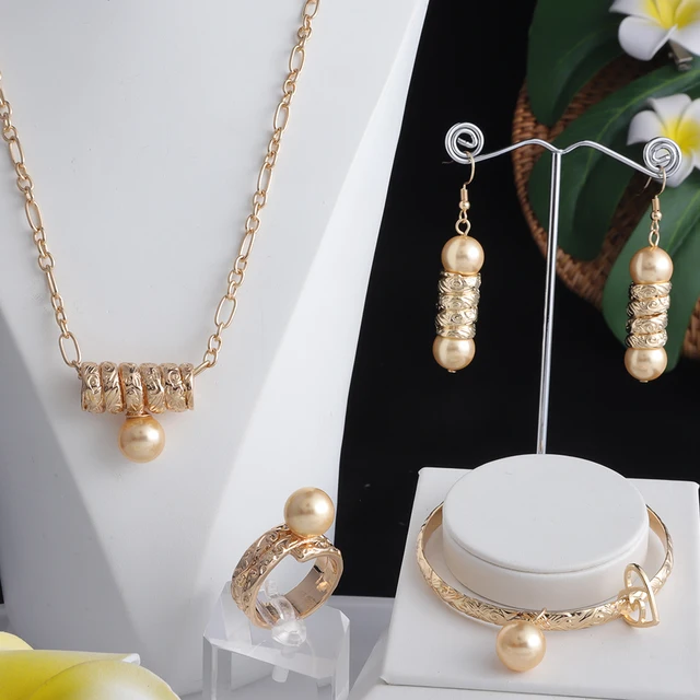 Cring Coco Hawaiian 4 PCS Jewelry Sets Gold Filled Colorful Pearl Bangles Bracelet Earing Sets Women Drop Earrings for Mother yellow