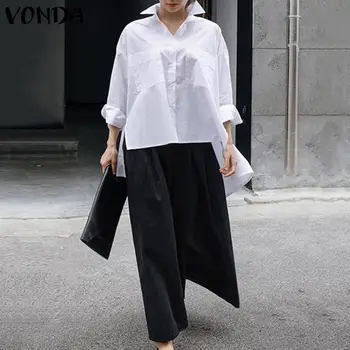 

VONDA Plus Size Women's Tunic Party Tops 2020 Spring Lapel Neck Shirts Summer Beach Tops Female Asymmetrical Blouse Casual Blusa