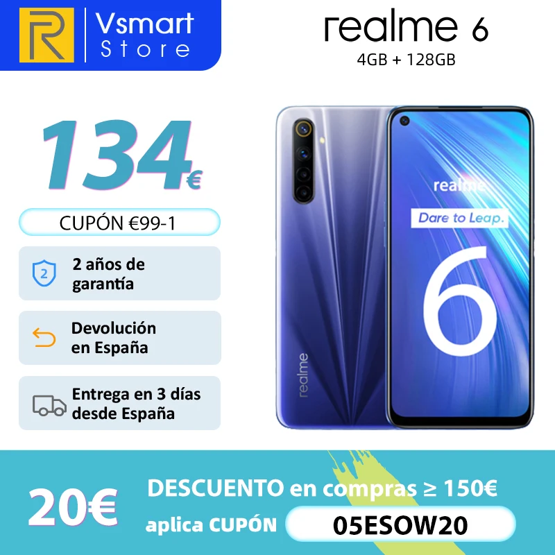 realme 6, Versión global, 4GB 128GB, Teléfono inteligente, Pantalla de 6.5 90Hz, 64MP Quad Cámaras, Helio G90T Teléfono, 4300mAh 30W Carga rápida NFC, código: 05ESOW20(€150-20)05ESOW14(€100-14)