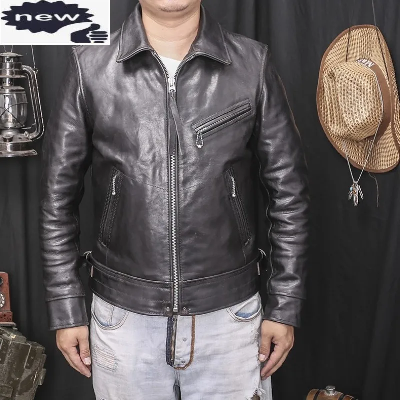 

Vintage Mens 100% Real Horsehide Moto Biker Windproof Genuine Leather Jacket Luxury Slim Fit Short Outwear Coats