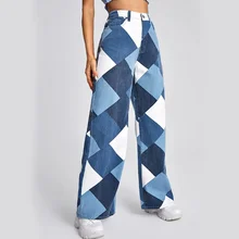 Y2k Women Wide Leg Denim Jeans Pocket Plaid High Waist Straight Casual Streetwear Fashion Vintage Washed Pants Mom Trousers 2021