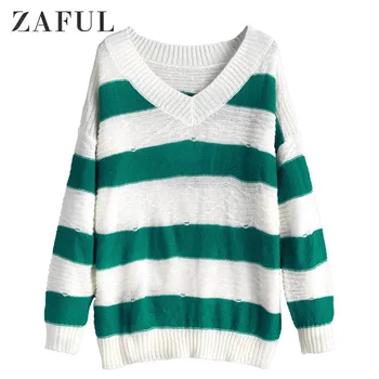 

ZAFUL Pullover Color Block Striped V-Neck Sweater Patchwork Elastic Contrast Sweater Loose Drop Shoulder Pullover Women One Size
