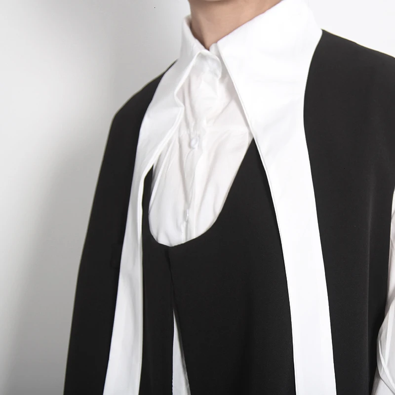 White Super Long Collar Korean Long Sleeve Lace Shirt Black Sleeveless Vest Suit Casual Loose Spring New PC389
