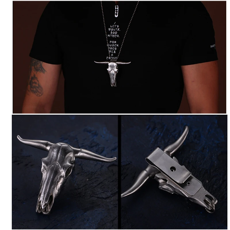 BEST  Outdoor EDC Stainless Steel Bull Head Multi-function Tool Pocket Tool Keychain Necklace Pendant Def