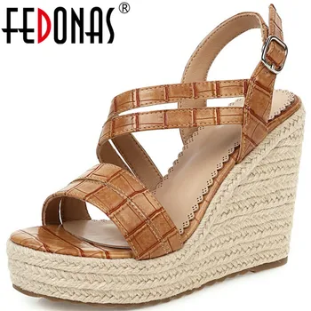 

FEDONAS Sexy High Heels Platform Wedged Sandals Metal Buckle Open Toe Ladies Pumps Spring Summer Party Working Shoes Woman