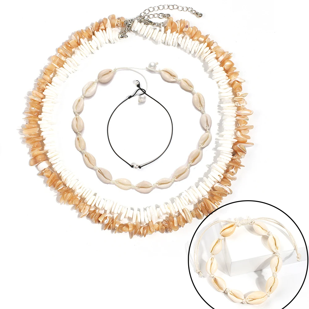 

Women 4 Shell Necklace Choker Bracelet Set Handmade White Seashell Hawaiian Boho Girl Jewelry Set Dropg Shoppin
