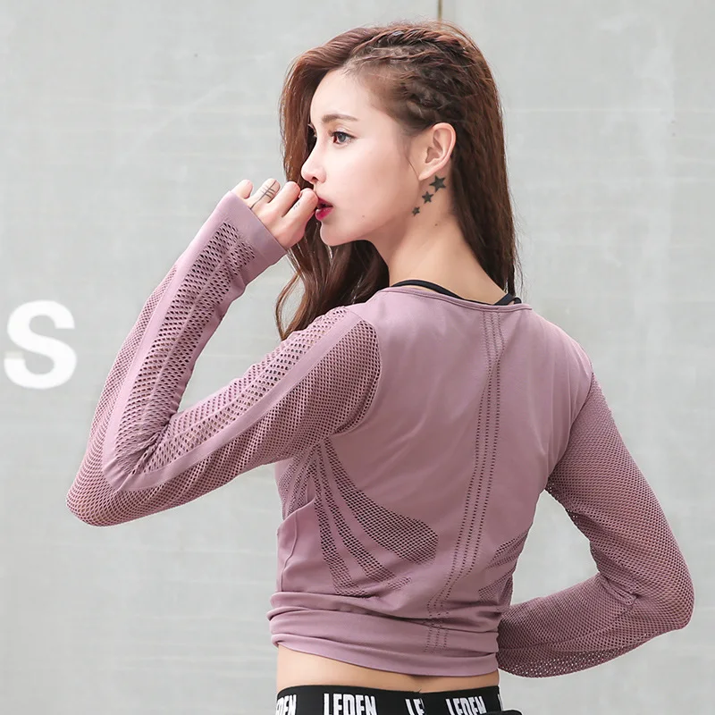 Открытые Спортивные Рубашки, Топы, Женская облегающая одежда, Сетчатая футболка для йоги, фитнеса, с длинными рукавами, высокая гибкая однотонная Спортивная кофта для спортзала