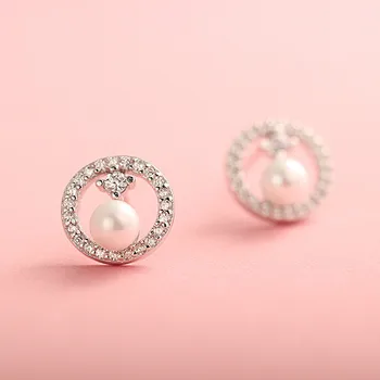 

S925 Sterling Silver Earrings, Geometric Round Full Diamond Pearl Earrings, Korean Style Simple Fashion Jewelry