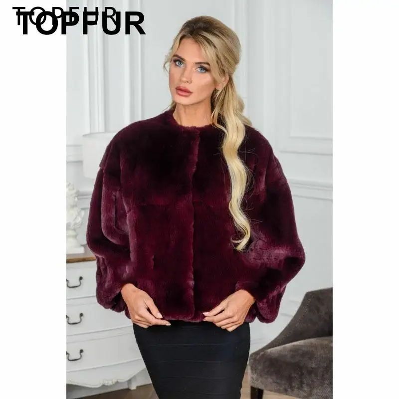 TOPFUR, стиль, зимнее пальто из натурального меха, модное женское роскошное теплое пальто с мехом кролика Рекс, короткая Модная Меховая куртка красного цвета