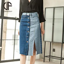Весна и осень джинсовая юбка пригородных стиль однобортная джинсовая юбка двухцветная строчка, джинсовая юбка, юбка с разрезом на юбка прилив