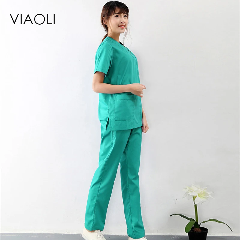 Viaoli 2018 new summer short-sleeved surgical clothing men and women doctors suits split brush suit Green suit