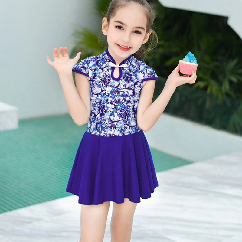 

Kids Girls Swimsuit Dress Swim Suit 2020 One Piece Swimsuits Blue Chinese Style Retro Spa Bathing Suit For Girl Skirt Swimwear