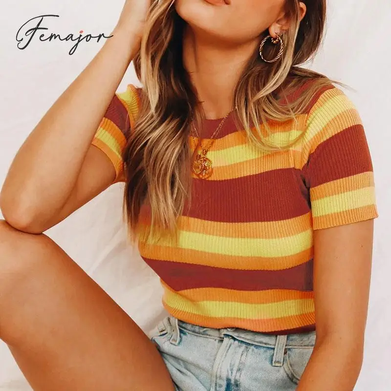 

Femajor Autumn Winter Women Crop Tops T Shirt Female 2019 Fashion Stripe Color Block Knitted Tshirt Ladies Short Sleeve Jumpers