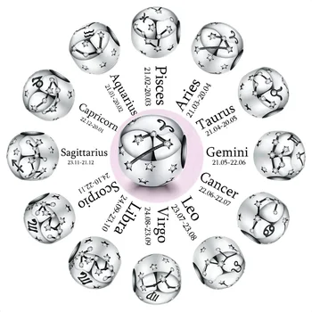 

925 Sterling Silver Aquarius Star Sign Zodiac Beads Fit Original Pandora Bracelet Twelve Constellations Charms DIY Jewelry