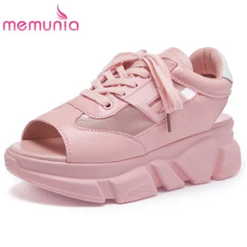 

MEMUNIA 2020 newest genuine leather shoes women sandals peep toe mesh lace up summer casual flat platform shoes woman sneaker