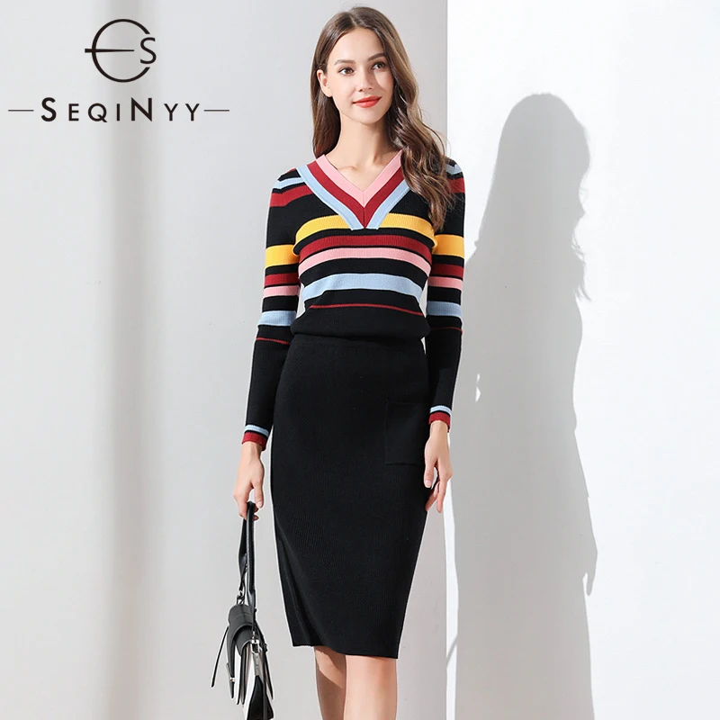 

SEQINYY Women Set 2020 Autumn Winter New Fashion Design Women Colorful Stripes V neck Top + Knee Sheath Black Skirt Knit Suit