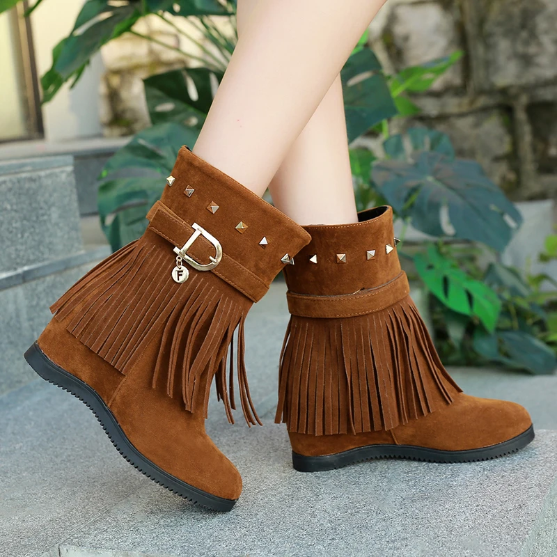 

Bohemia Tassel Ankle Boots Women Gladiator Invisible Increase Wedges Woman Shoes Ladies Metal Design Short Boot Size 42