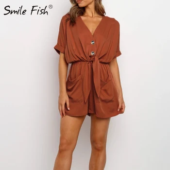 

Office Lady Short Sleeve Loose Play Suits Buttons Female Rompers Pockets 2020 Summer New Solid Women V-Neck Playsuits G1328