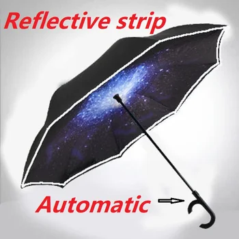 

Large Automatic Inverted Umbrella Reverse Night Reflective strip Windproof Folding Rainy Men Women Double Layer Umbrellas Stand