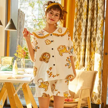 

Peter Pan Collar Women Nightwear Sleep Set COTTON Homewear 2PCS Pajamas Suit Homewear Yellow Print Pyjamas Casual Nightgown