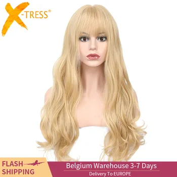 

X-TRESS Gold Blonde Colored Synthetic Wigs For Women Body Wave Machine Made Wig With Bangs High Temperature Fiber Hairpiece