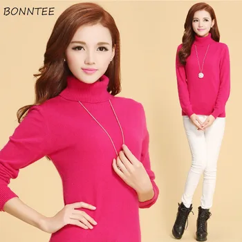

Pullovers Women Slim Elegant Turtleneck Solid Color Simple All-match Korean Style Leisure Daily Soft Pullover Womens Ladies Chic
