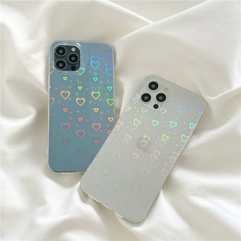 Transparent shiny laser heart case for iphone 11 11Pro Max 12 Pro Max X XR XS Max SE2020 7 8 Plus Shockproof Case back cover