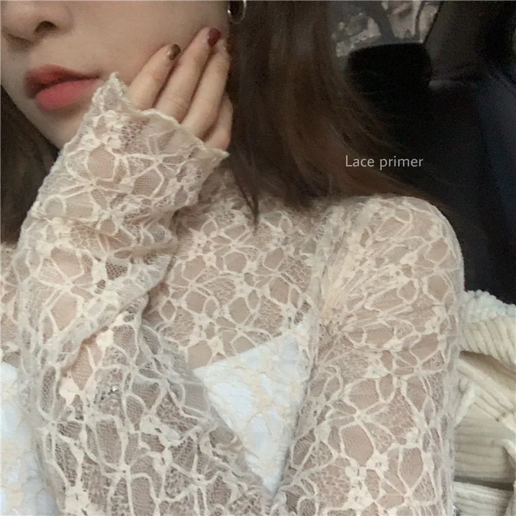 Блузка с прозрачной сеточкой для женщин, весна-осень, высокая горловина с оборками, эластичные сексуальные женские топы с длинным рукавом, прозрачные кружевные топы