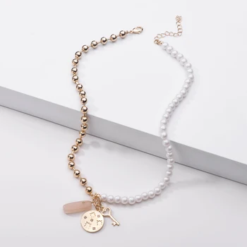 

ZFYIN 2020 Trendy Half Pearl Beaded Strand Half Metal Ball Chain Link Necklace-Coin Key Pendant Charm Necklaces for Women