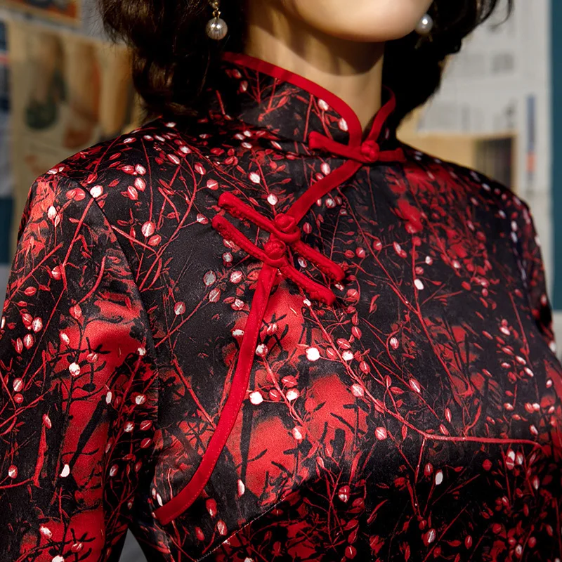 Sheng COCO дамы S-4XL Drak красный черный cheongsam платье осень длинный рукав шелк Qipao Китайский Чонсам в ретростиле классический Qipao