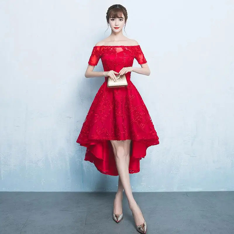 Новинка, элегантное вечернее платье с открытыми плечами, Cheongsam Robe De Soiree Asmmetrical, платья подружек невесты, женское длинное Сетчатое платье Ципао - Цвет: red short