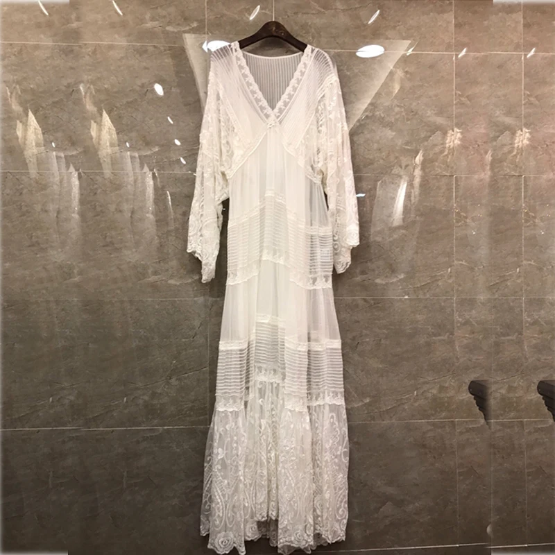 

2020 Summer Designer Lace Mesh White Woman Maxi Dress Elegant V-Neck Long Sleeve Two Pieces of Dress Holiday Vacation Vestidos