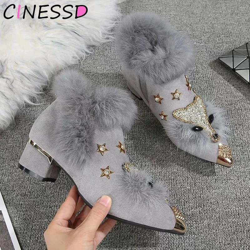 Tanie Buty zimowe damskie szpiczaste metalowe botki kryształowy wzór z lisem kobiety metalowe szpiczasty nosek Glitter mokasyny z futra Bottes Femme