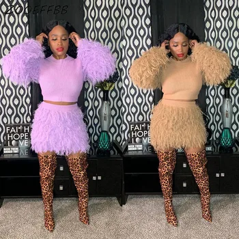 

ZKYZWX Tassel Fluffy Two Piece Set Women Crop Sweater Shorts Suit Club Birthday Outfits 2020 Festival Clothes Matching Sets