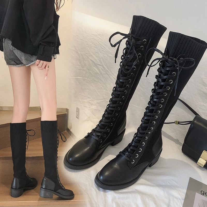 Высокие сапоги женские botas mujer; коллекция года; Botines Bota Feminina; модные зимние сапоги черные женские сапоги на шнуровке сапоги до колена; Size35-40